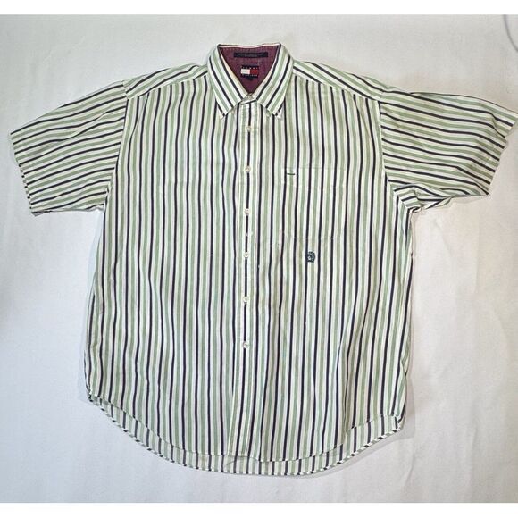 Tommy Hilfiger Vertical Striped Men's XL Button Front Short Sleeve Shirt Vintage - Picture 2 of 5
